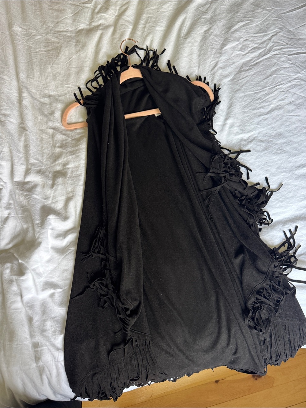 Black Fringe Vest Wrap / Shall - Women Jackets & Coats